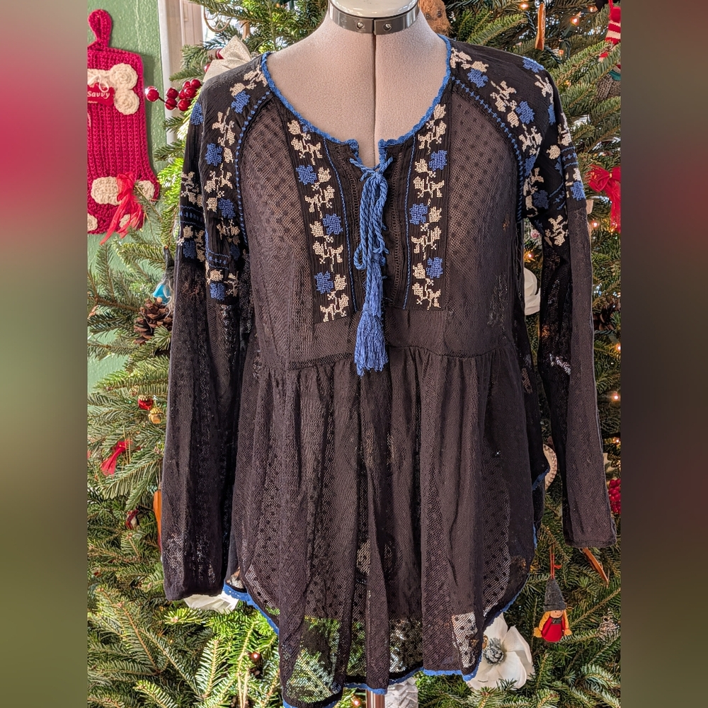 Free People Embroidered Black and Blue Sheer Women's Top
